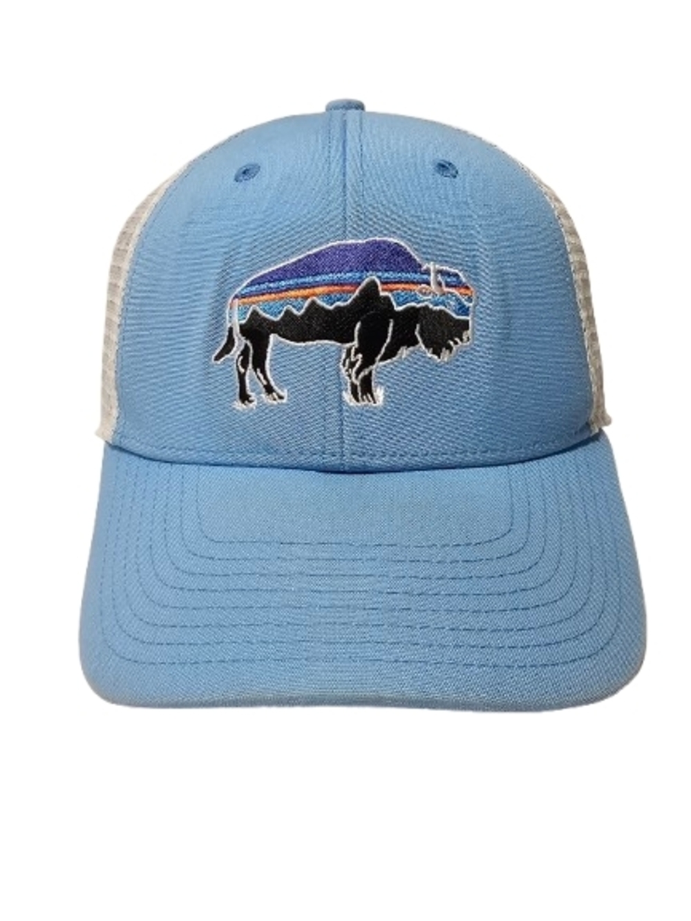 Patagonia Fitz Roy Buffalo Bison Trucker Hat Blue White Cap Mesh Snap Back